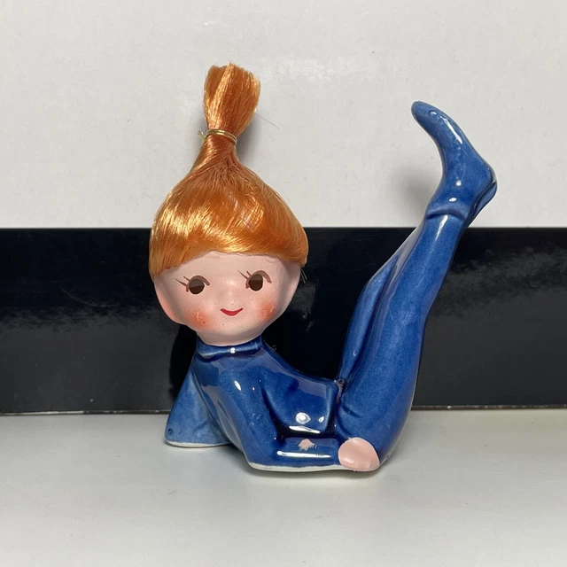 VINTAGE NAPCO PIXIE Elf Fairy Girl Figurine Red Nylon Hair in Blue Home