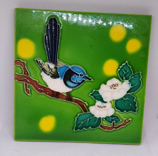 Vintage Blue Bird Tile On Wood Glossy Green Wall Art Or Free-standing Plaque