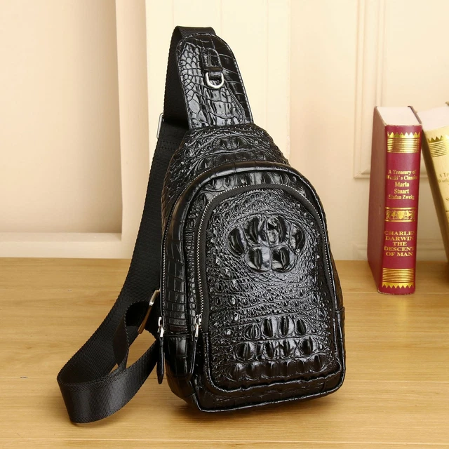 100% Real Leather Sling Backpack, Designer Crocodile Men's Crossbody Bag Daypack