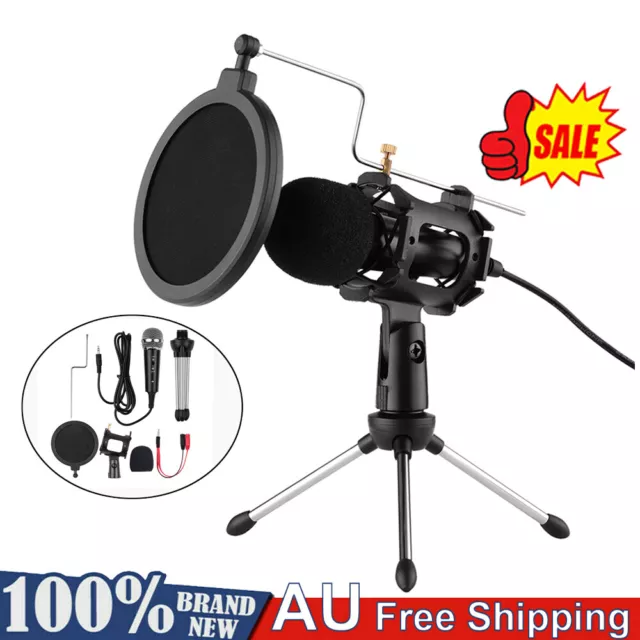 3.5mm Microphone Kit w/ Tripod Stand For PC Laptop Phone Recording Singing New