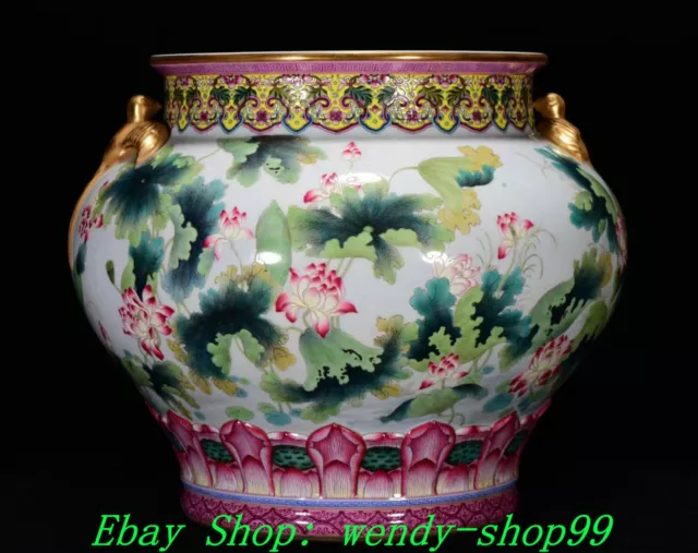 16"Qianlong Marked Famille Rose Porcelain Gilt Lotus Swallow Crane Jar Pot Crock