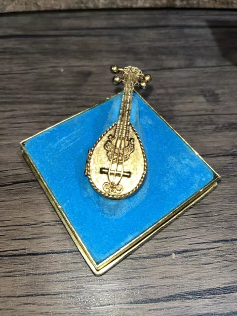 Vintage Avon Gold Tone Mandolin Solid Perfume Compact For Perfume Glace with Box 2