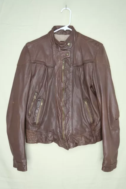 Cole Haan Lambskin Leather Jacket Brown Womens Size Medium Moto Biker Zip Up