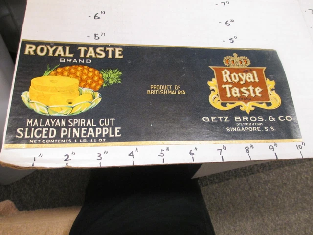 ROYAL TASTE pineapple fruit Malaya 1930s tin can food paper label Getz Bros
