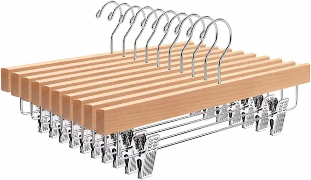 10 Pack Natural Wooden Pants Skirts Hangers with 2-Adjustable Clips - Solid Wood