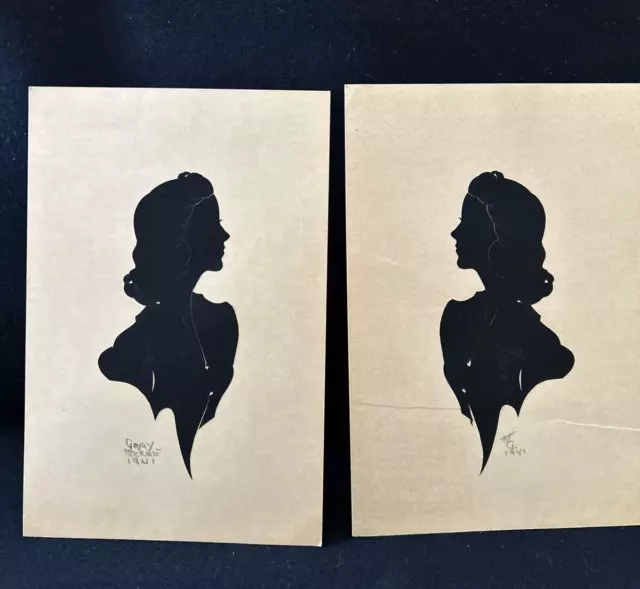 Vintage Silhouettes 1941 Women Artist Signed Gray McKee 4 x 6