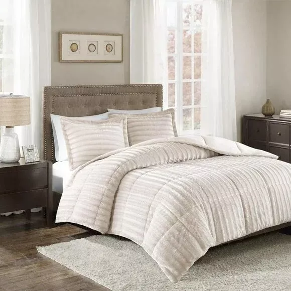 Madison Park Pleated Super Soft Faux Fur Comforter Set Full Queen