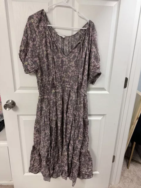 Lucky Brand Boho Smocked Waist Maxi Dress in Navy SZ L Pink And Purple