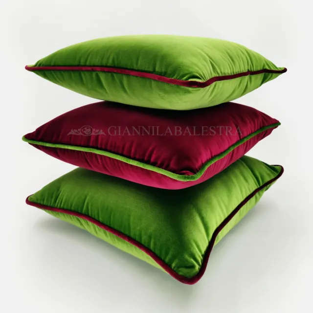 Cuscino decorativo in velluto cotone verde o rosso con profilo a contrasto