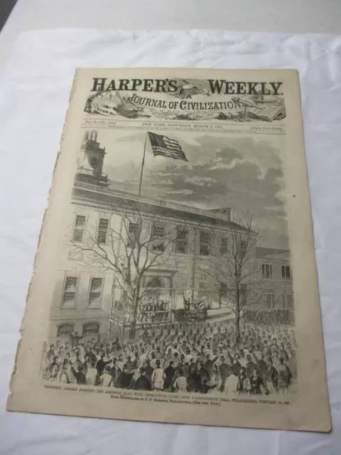 1861 Harpers Weekly President Lincoln flag raising Jefferson Davis inauguration