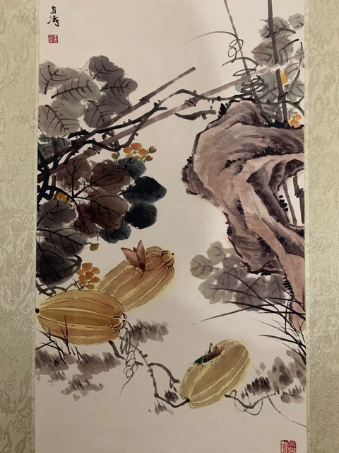 21" Collect china art Paper Painting Insects Eating on Pumpkins mount picture