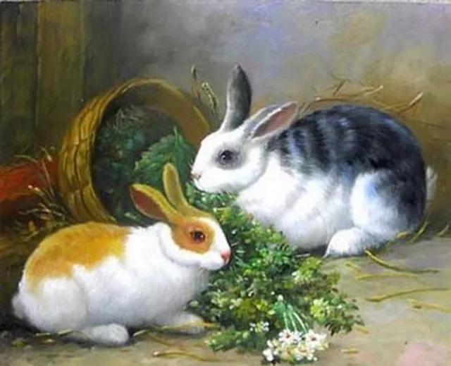 Art  Oil painting animals lovely Rabbits hare bunny eating grass on canvas