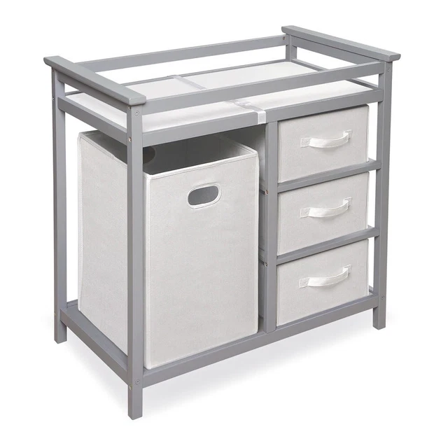Badger Basket Modern Changing Table With 3 White Baskets And Hamper - Gray