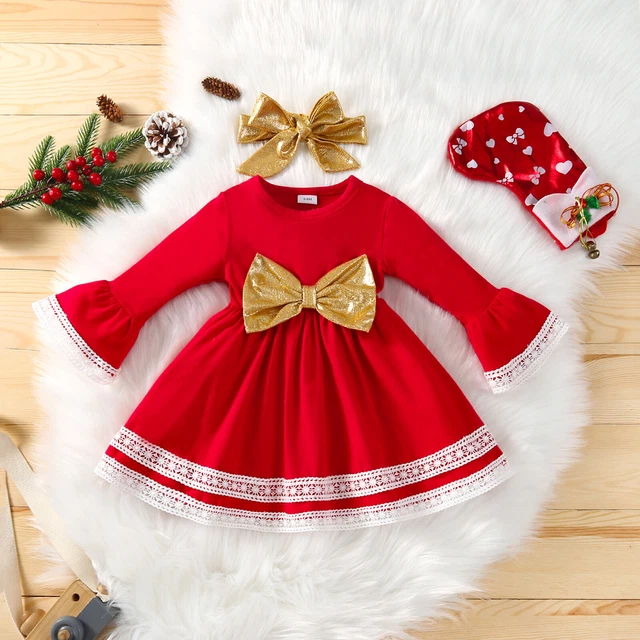Baby Girls Cute Shiny Bowknot Christmas Dress Santa Party Clothing Flare Sleeve