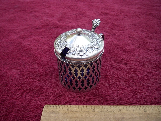 Nice Victorian Sterling MUSTARD POT-Floral Pattern-Cobalt Glass Liner-No Mono