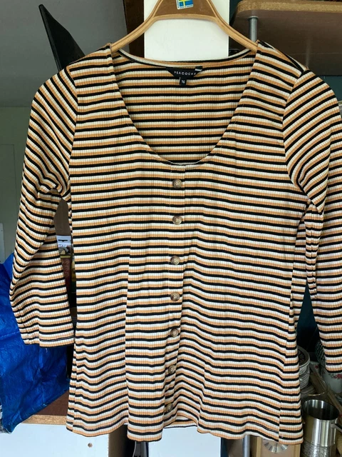 Top donna pavoni arancione marrone crema a righe UK 16 EU 44 stile retrò vintage
