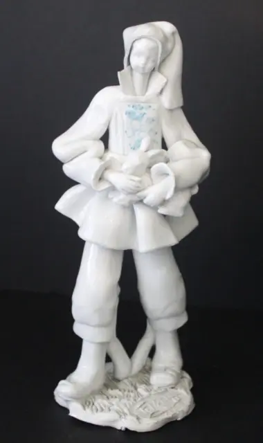 Vtg Imola Italy Ceramic Statue Boy W/ Bunny Rabbit White/Blue Handmade 9" Tall