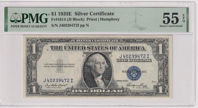 Fr 1614 1935E $1 SILVER CERTIFICATE J40239472I PMG 55EPQ  SERIES 1935-E