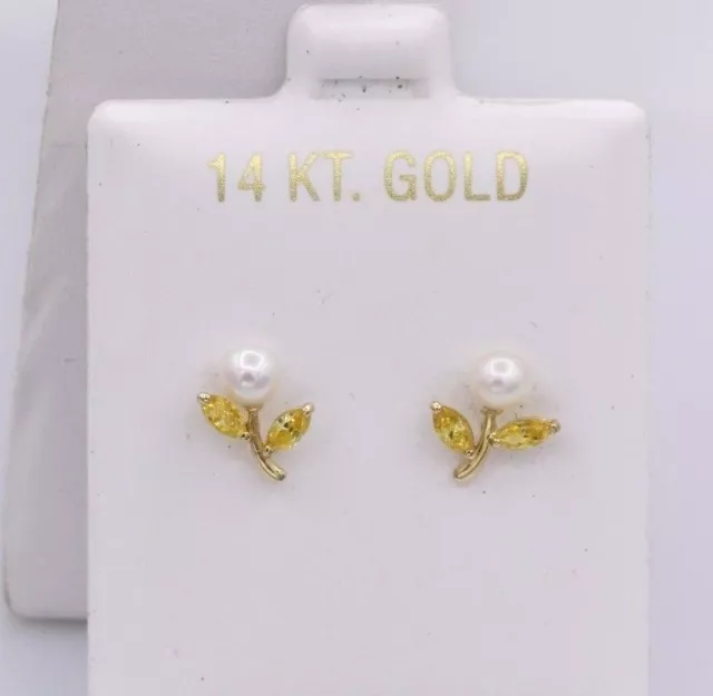 Giallo Fiore Perla Neonato Orecchini Vero 14K Oro Giallo + Protettivo Posteriori