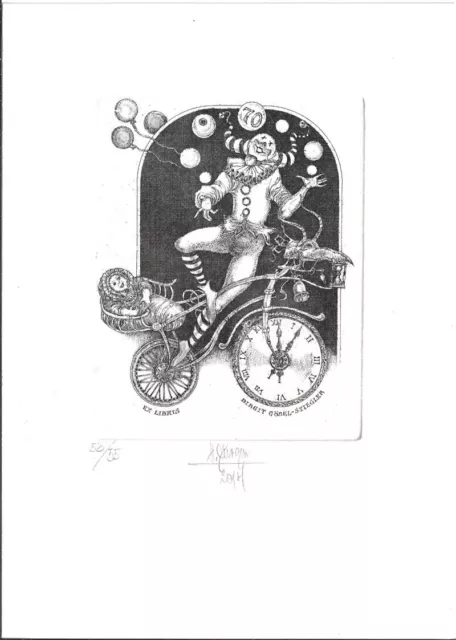 HARRY JÜRGENS: Exlibris für Birgit Göbel-Stiegler, Fahrrad, Clown