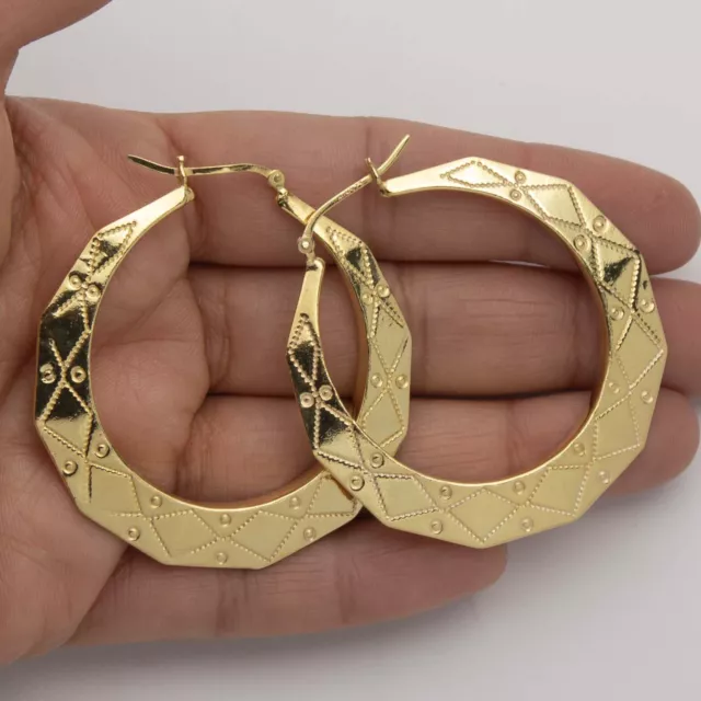 2" Rhombus Shape Textured Hoop Earrings 14K Yellow Gold-Plated Silver 925