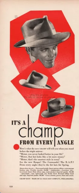 1944 La Salle Hat Company Philadelphia PA Champ Fedora 1940s WWII Men's Style Ad