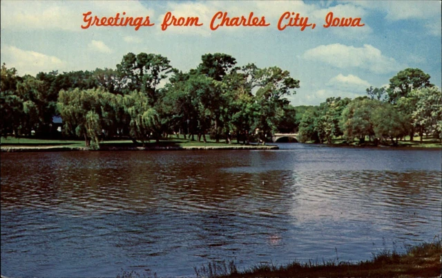 Greetings from Charles City Iowa Cedar River ~ 1950-60s vintage postcard