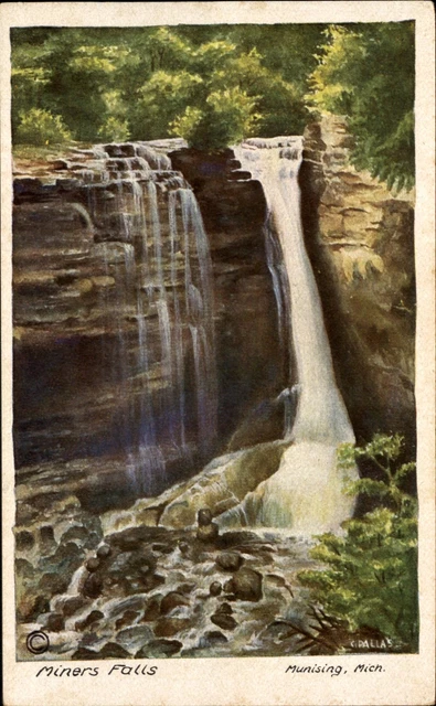 Miners Falls Munising Michigan artist signed C. Dallas ~ vintage postcard