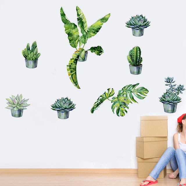 1 pieza refrescante pegatina de pared de hojas verdes planta de cactus desmontable fondo de pantalla Sch