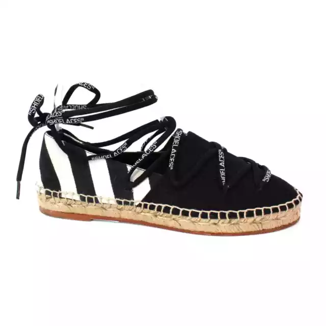 Off-White Black White Diagonal Stripe Ankle Wrap Canvas Espadrilles 35 Flats