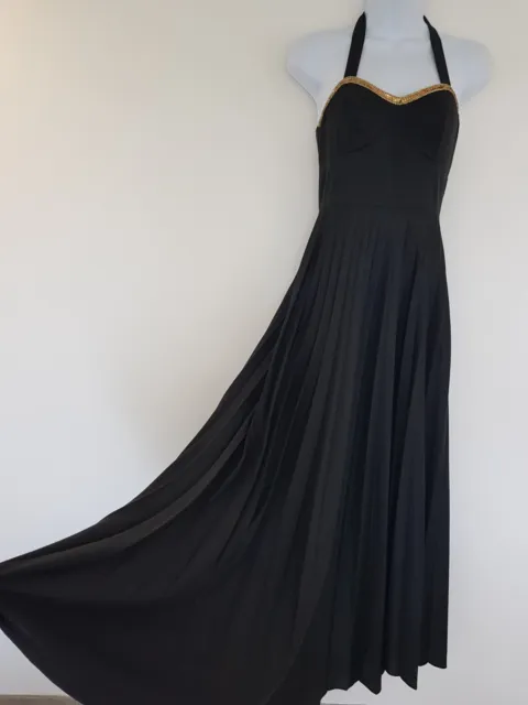 Vintage Maxi Dress Long Black satin Ball Gown Retro Size 4 6 Prom Pleated 60s