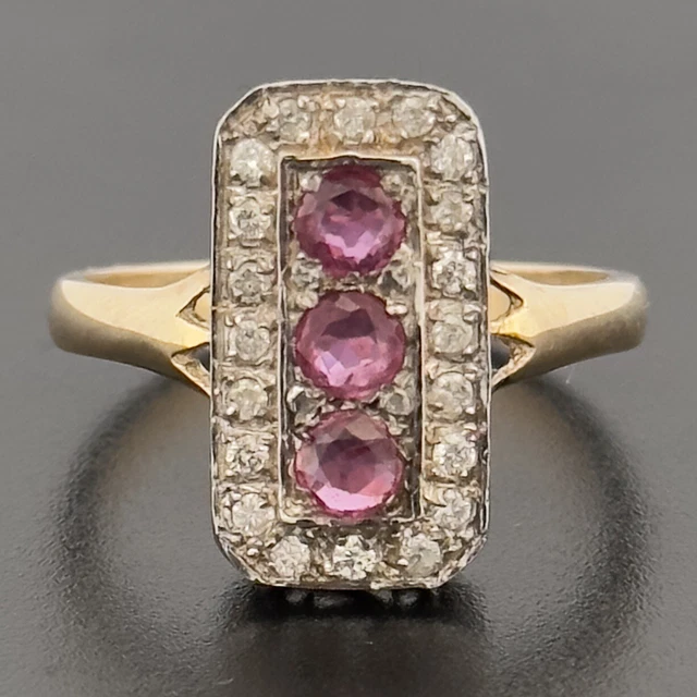 9CT YELLOW GOLD Ruby & Diamond Art Deco Style Cluster Ring Size O ...
