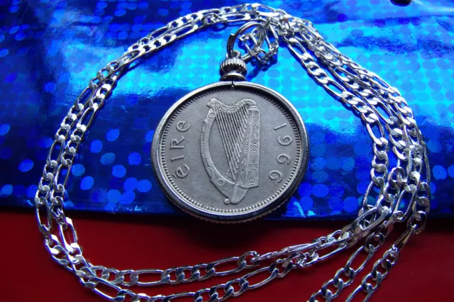 1966  IRELAND TAURUS BULL SHILLING PENDANT on a 22" 925 STERLING SILVER Chain