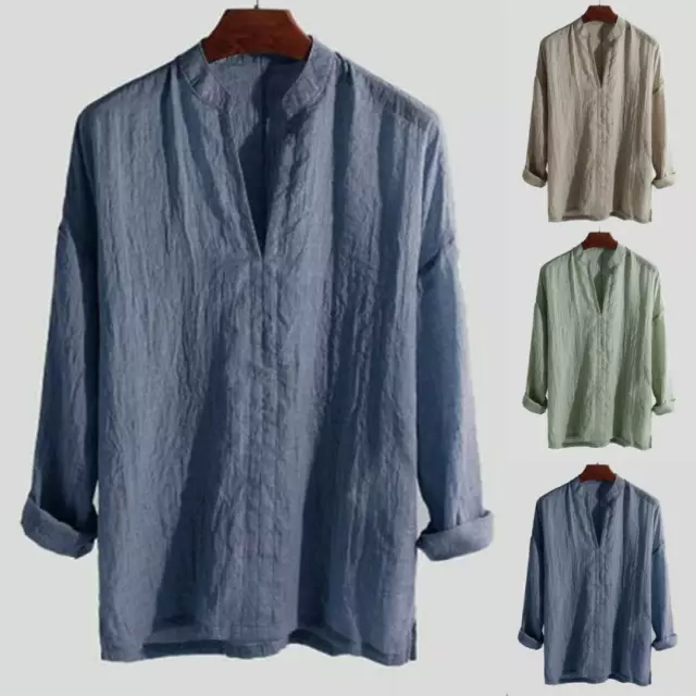 Camicia uomo maniche lunghe cotone e lino camicetta sciolta button-down-}