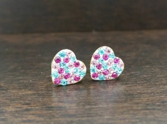 Beautiful Pair of 10K Solid Gold & Colorful Rhinestone Heart Earrings