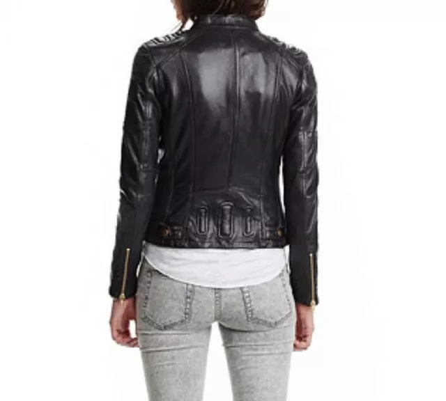 Ladies Women Black Slim Fit Biker Motorcycle Style Real Sheepskin Leather Jacket 2