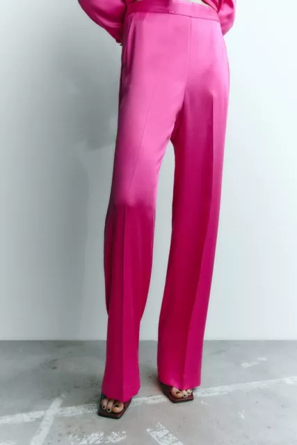 ZARA PINK FUCHSIA high waist satin palazzo trousers with belt size M $48.47  - PicClick