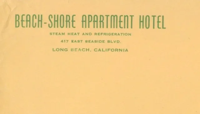 c1950-1960s Long Beach CA Beach Shore Apartment Hotel Letter Head Envelope Z1