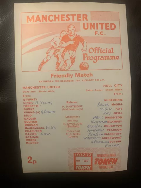Manchester United v Hull 72/3 Friendly Single Sheet Programme