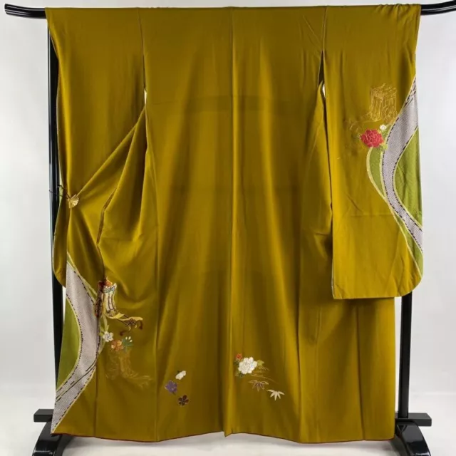 Japanese Kimono Furisode Pure Silk An Ox Drawn Coach Flower Bright Golden Yellow
