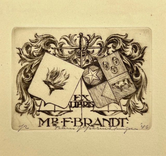 Antique Ex libris - Coat of Arms - Mr. F. Brandt - Family Crest - United Kingdom