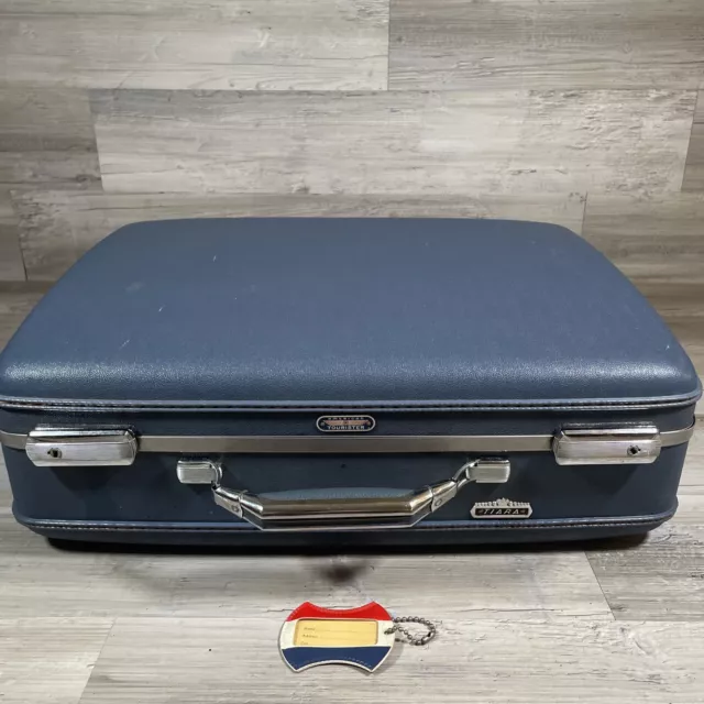 Vintage American Tourister Tiara Suitcase Luggage Blue  21” Hardcase NO key Rare