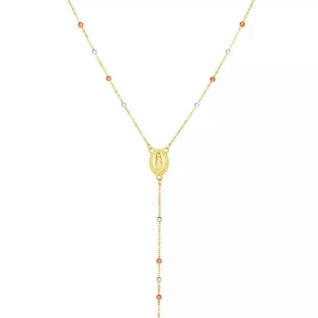 14K Gold Tri-color Multi Tone Bead Rosary Style Cross Necklace 26" 2