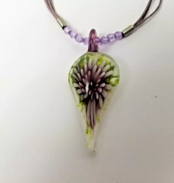 Glass Pendant Chrysanthemum with Amethyst Hand Blown Colored Beads & Cord  18 in