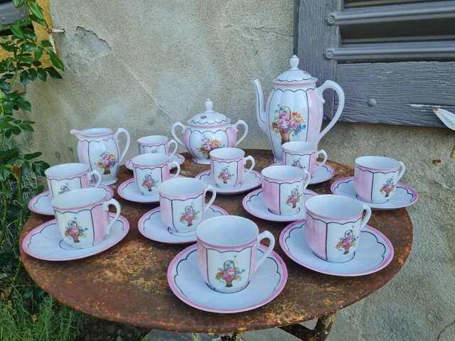 ANCIEN SERVICE A Cafe En Porcelaine Panier De Fleurs , Sucrier Pot 11
