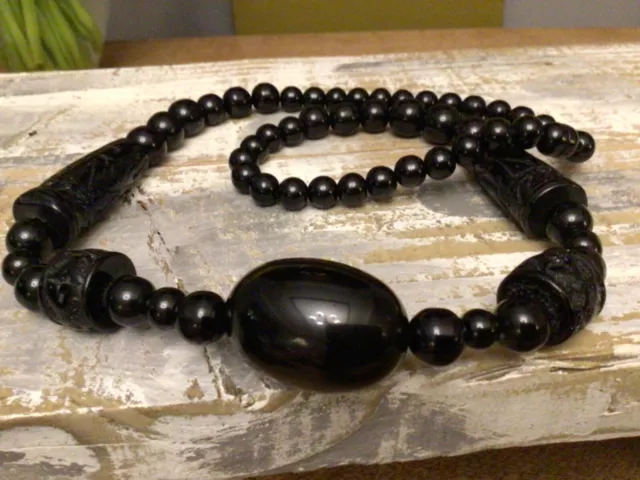 Vintage Oversize Victorian Revival Mourning Style Black Bakelite Beaded Necklace