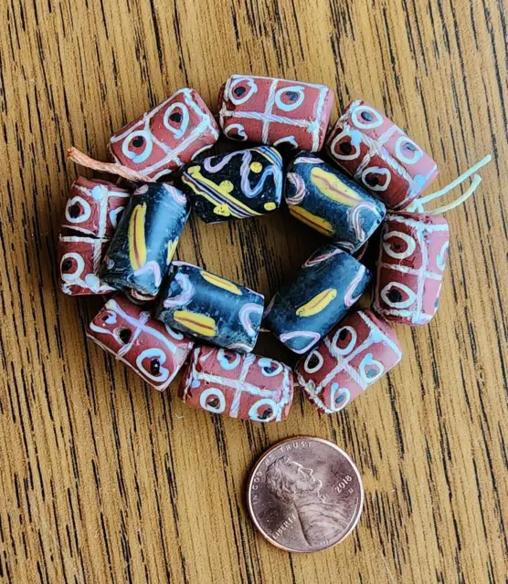 100 Yr Old Beads: Fancy Tubes with Latticinio, Eyes Tic Tac Toe