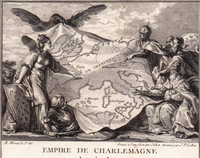 Gravure XVIIIe Empire de Charlemagne 814 Empereur d'Occident Roi Francs Lombards