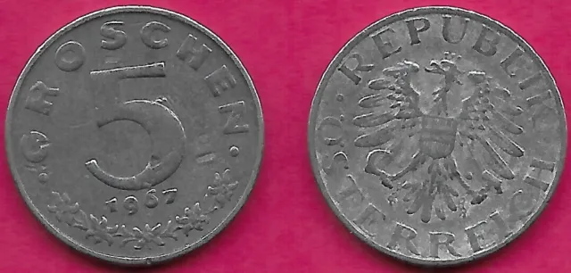 Austria 5 Groschen 1967 Vf Imperial Eagle With Austrian Shield On Breast,Ho