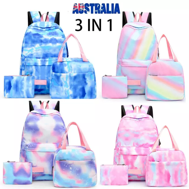 3Pcs/Set Boys Girls Kids Rainbow Backpack Rucksack School Lunch Bag Pencil Bag